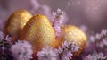 Golden Decorated Easter Eggs Amidst Purple Spring Flowers. Royalty Free Stock Photo