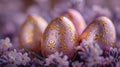 Golden Decorated Easter Eggs Amidst Purple Spring Flowers. Royalty Free Stock Photo