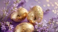 Golden Decorated Easter Eggs Amidst Purple Spring Flowers. Royalty Free Stock Photo
