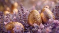 Golden Decorated Easter Eggs Amidst Purple Spring Flowers. Royalty Free Stock Photo