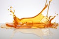 Exquisite golden honey splash suspended in mid air, isolated on a pristine white background