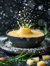 Exquisite Gourmet Cheese Soup in Stylish Bowl with Flying Ingredients and Splashes on Dark Elegant Background Culinary Delight