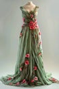 Exquisite green gown with vibrant pink floral embroidery