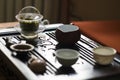 Exquisite Green Tea in Gaiwan Teapotat Traditional Chinese Tea Ceremony. Set of Equipment