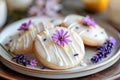Exquisite Hand Decorated Shortbread Cookies with Edible Flowers on Ceramic Plate, Elegant Snack for Spring Celebrations and