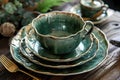 Exquisite hand-painted dinnerware, Lush, forest green