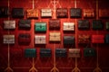 Exquisite handbags and clutches arranged in symmetrical pattern. Generative AI