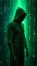 Exquisite highfashion cyberpunk photography of a mysterious hacker in oversized hoodie surrounded by neon binary code and Royalty Free Stock Photo