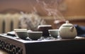 Exquisite Hot Tea in Teapot at Traditional Chinese Tea Ceremony. Set of Equipment