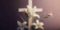 Cross within the image with white lilies around, light pink background, Christian church, Easter holiday, copyspace, generative AI