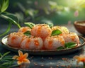 Exquisite Japanese Sushi Rolls with Shrimp and Sesame on Rustic Plate, Delicate Flowers and Sunlit Background Royalty Free Stock Photo