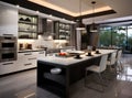 Exquisite kitchen space within a luxurious new home, adorned with pristine white cabinetry and wood detailing. Enhancing Royalty Free Stock Photo