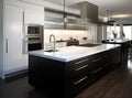 Exquisite kitchen space within a luxurious new home, adorned with pristine white cabinetry and wood detailing. Enhancing Royalty Free Stock Photo