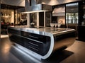 Exquisite kitchen space within a luxurious new home, adorned with pristine white cabinetry and wood detailing. Enhancing Royalty Free Stock Photo