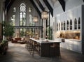 Exquisite kitchen space within a luxurious new home, adorned with pristine white cabinetry and wood detailing. Enhancing Royalty Free Stock Photo