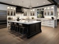 Exquisite kitchen space within a luxurious new home, adorned with pristine white cabinetry and wood detailing. Enhancing Royalty Free Stock Photo