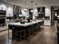 Exquisite kitchen space within a luxurious new home, adorned with pristine white cabinetry and wood detailing. Enhancing Royalty Free Stock Photo