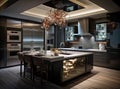 Exquisite kitchen space within a luxurious new home, adorned with pristine white cabinetry and wood detailing. Enhancing Royalty Free Stock Photo