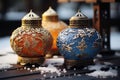 Exquisite lanterns adorned with intricate carvings and patterns, set against a snowy backdrop, evoking winter elegance.