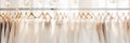 Exquisite and luxurious white bridal dresses hanging on hangers in a beautiful boutique salon