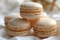 Exquisite macarons with beige filling, handmade, perfect treat for coffee Royalty Free Stock Photo