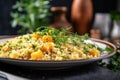 Exquisite Macro Image of Plate with Vegan Couscous, Risotto, or Pilaf and Fresh Herb Decoration