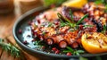 Exquisite mediterranean cuisine grilled octopus elegantly presented on a sleek black plate