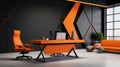 An exquisite, minimalist office design with a large window in orange style