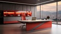 An exquisite, minimalist office design with a large window in orange style