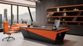 An exquisite, minimalist office design with a large window in orange style