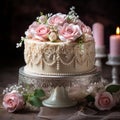 Exquisite Mothers Day Cake on Vintage Stand, Floral Backdrop