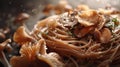 Exquisite Mushroom Pasta Dish Close-Up with Sprinkling Water Droplets