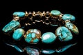Exquisite necklace with large turquoise stones close up on the black background Royalty Free Stock Photo