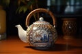 exquisite oriental porcelain teapot with intricate designs on a bamboo mat