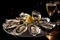 Exquisite Oyster Plate with Champagne Glass. a Mouthwatering Close-Up with Refreshing Ice