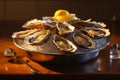 Exquisite oysters with a tangy lemon twist, elegantly displayed under the enchanting evening lights