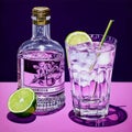 Hyperrealistic Portrait Of Gin Bottle With Lime Slice On Purple Table