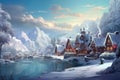 An exquisite painting capturing the serene beauty of a snowy village nestled by a shimmering lake., A snow-covered village with