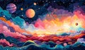 Vivid orange painting of a galactic world with stars and planets in the sky Royalty Free Stock Photo