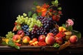 An exquisite painting showcasing a variety of vibrant fruits and blooming flowers arranged on a table, Arrangement of organic