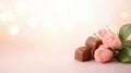 Exquisite pink rose and chocolates on a pink background, romantic surprise pink Royalty Free Stock Photo