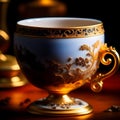 Exquisite Porcelain Cup Adorned with Golden Patterns, Emitting a Whiff of Steam from the Hot Coffee