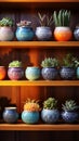 Exquisite Pottery Designs on Wooden Shelf with Succulent Plants and Soft Natural Light