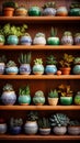 Exquisite Pottery Designs on Wooden Shelf: Vibrant Colors, Delicate Succulents, and Soft Natural Light