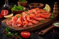 Exquisite presentation of smoked salmon slices on a charming rustic wooden serving board