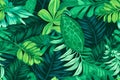 Exquisite Repetitive Seamless Pattern of Vibrant Tropical Green Leaves, Lush Foliage, Generative AI