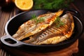 Exquisite roasted fish with a tantalizingly crispy texture, expertly cooked in a sizzling pan Royalty Free Stock Photo