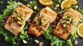 Exquisite Salmon Entwined with Pistachios, Orange Accents, and Lush Lettuce