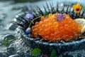 Exquisite Salmon Roe in Black Sea Urchin Shell, Gourmet Appetizer with Lemon and Flowers on a Watery Background Royalty Free Stock Photo