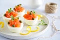 Exquisite Salmon Topped Deviled Eggs A Culinary Delight for Special Occasions and Gourmet Appetizer Gatherings Royalty Free Stock Photo